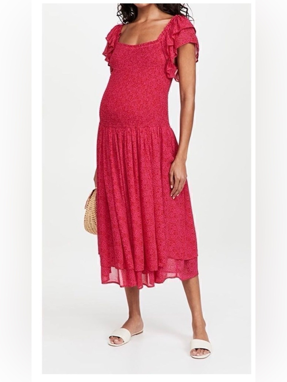 Red Flutter Sleeve Midi Dress